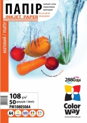 Купить фотобумагу ColorWay матовая 108г/м, A4, 50л (ПМ108-50)